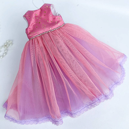 Платье  бальное, с кружевами и стразами, для куклы 32-34 см, пудровое
